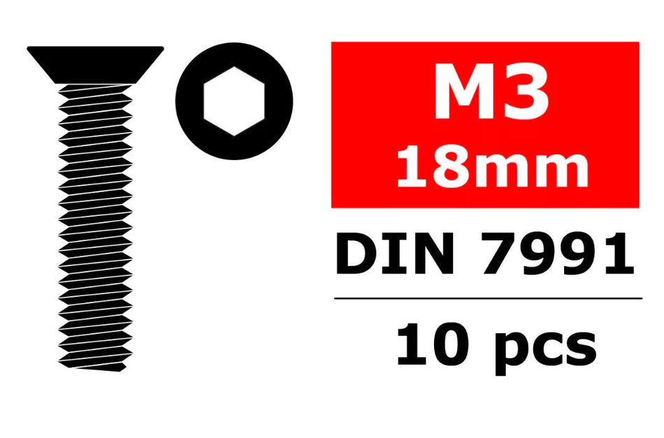 Corally Steel Screws M3 x 18mm, Hex Flat Head, 10 pcs 3002-30-18