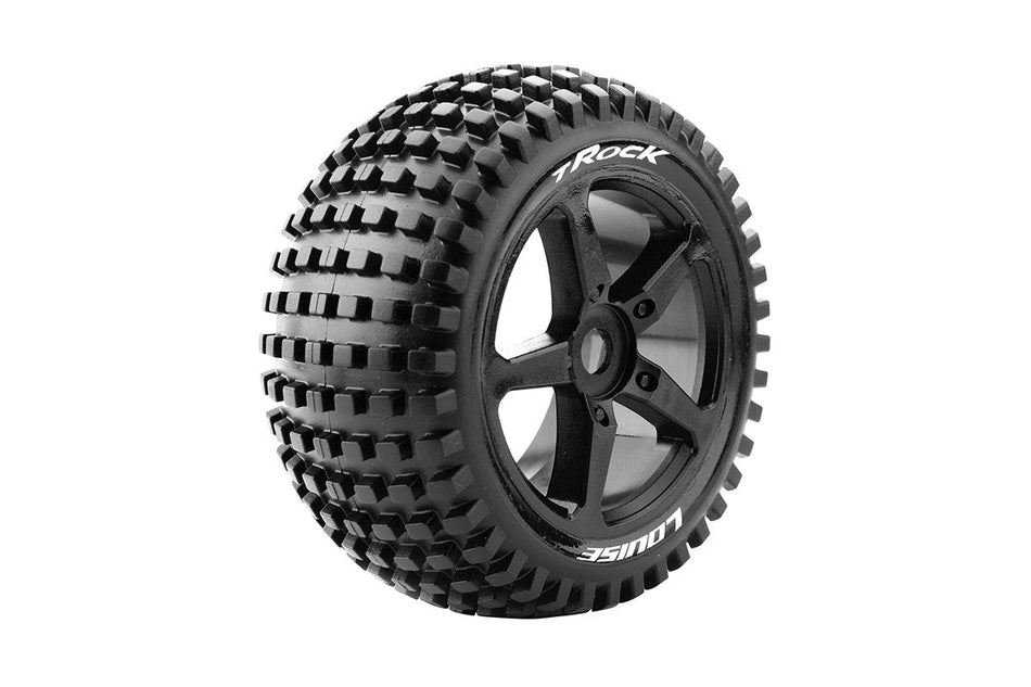 Louise R/C T-Rock 1/8 Off-Road Truggy Tires, 0" Offset, 17mm, Mounted on Black Spoke Rim, Front/Rear (2) LT3251SB