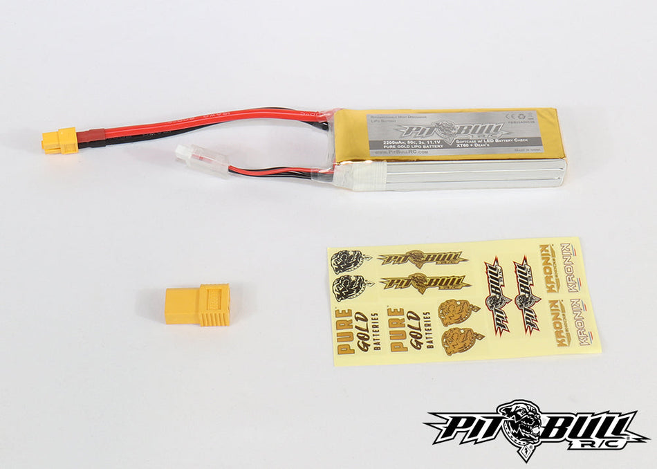 Pit Bull R/C Pure Gold 50c 3s 2200mAh 11.1V Softcase Lipo Battery, w/ LED Battery Check - XT60 +Deans Plug PBB22A50C3S Default Title