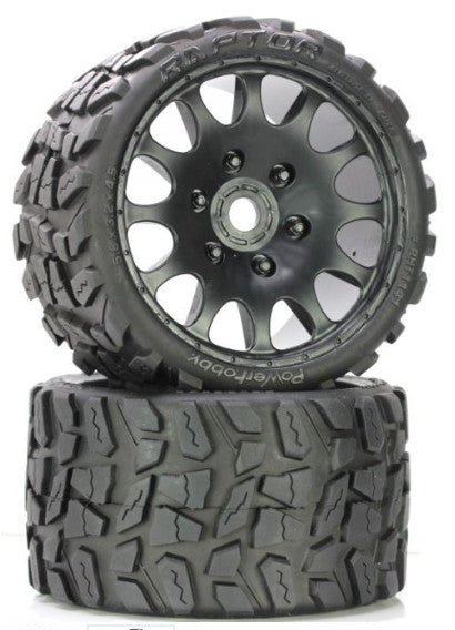 Powerhobby Raptor Belted Monster Truck Wheels/Tires (pr.) Pre-mounted Sport Medium Compound 17mm Hex