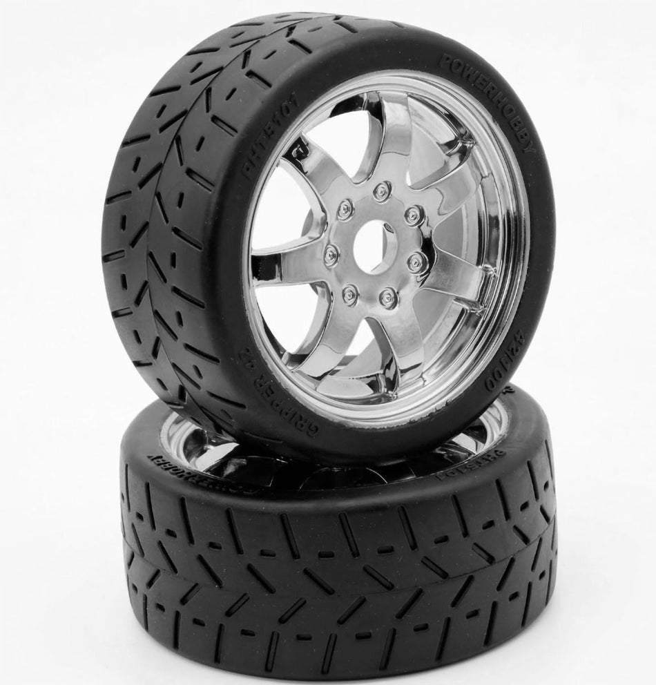 Power Hobby 1/8 Gripper 42/100 Belted Mounted Tires 17mm Chrome