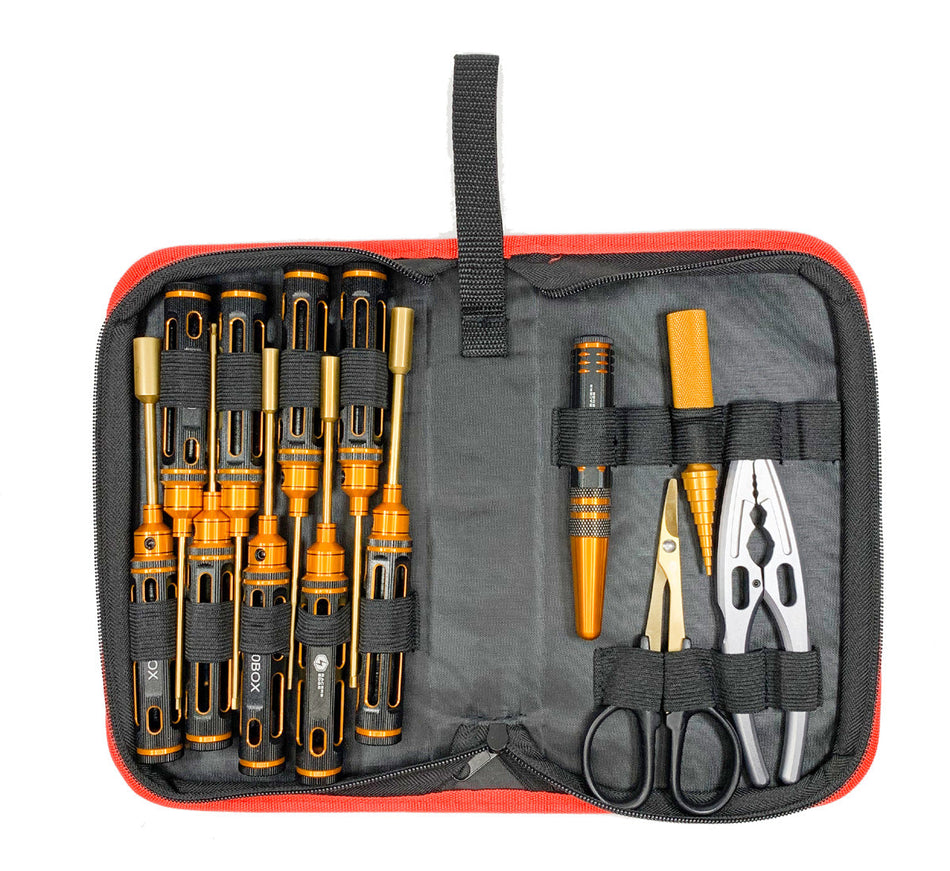 Racers Edge Large Handle Metric 13 Piece Deluxe Tool Set Black Gold with Premium Bag