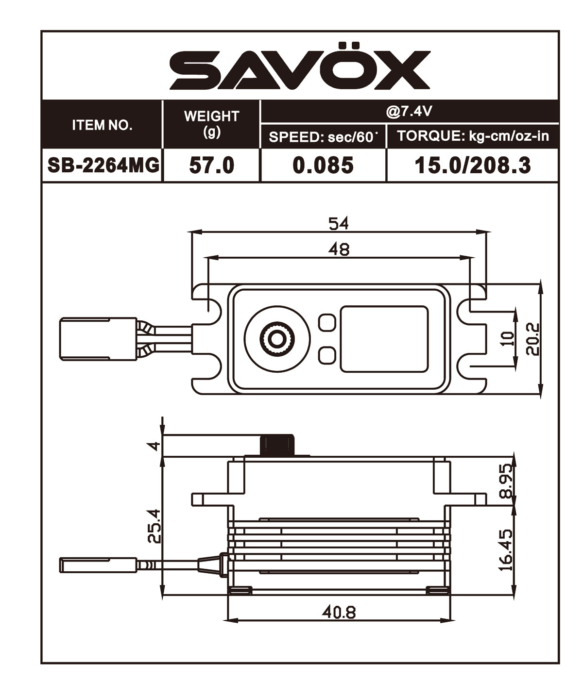 Savox 1/10 Low Profile High Voltage Brushless Servo 7.4v SAVSB2264MG Default Title