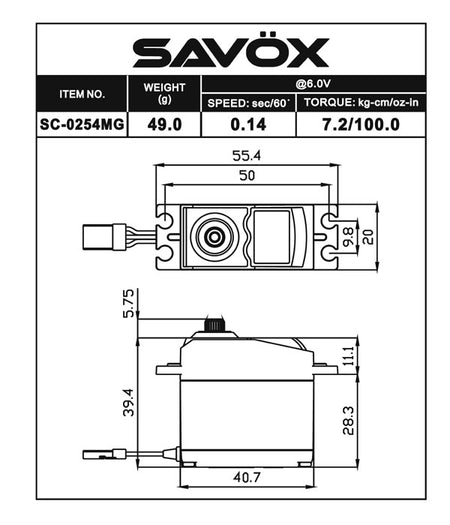 Savox Standard Digital Servo with Soft Start, 0.14sec / 100oz @ 6V SAVSC0254MGP Default Title