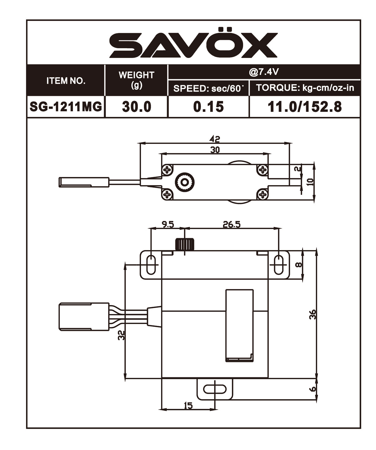 Savox SG-1211MG High Torque Glider Wing Servo Aluminum Case High Voltage Default Title