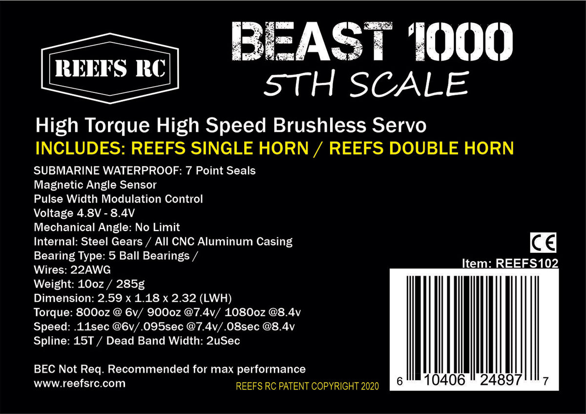 Reefs RC Beast 1000 1/5th Scale High Torque, High Speed Brushless Servo w/ Aluminum Horns REEFS102 Default Title