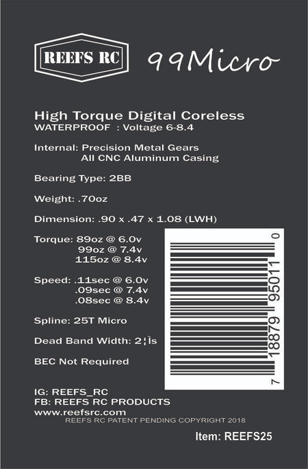 Reefs RC 99 Micro High Torque High Speed Micro Servo 0.08/115 @ 8.4V REEFS25 Default Title